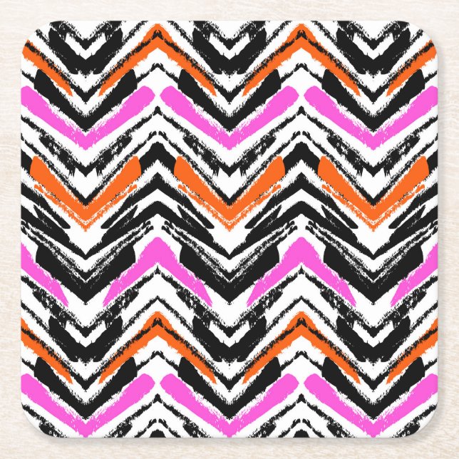 Black, Orange, And Pink Hand Drawn Chevron Pattern Square Paper Coaster (Front)