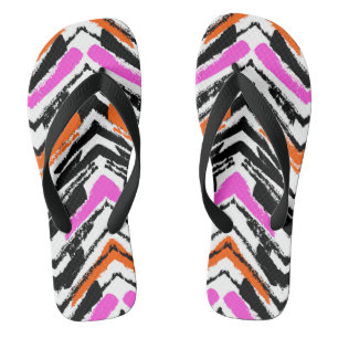 Black, Orange, And Pink Hand Drawn Chevron Pattern Thongs
