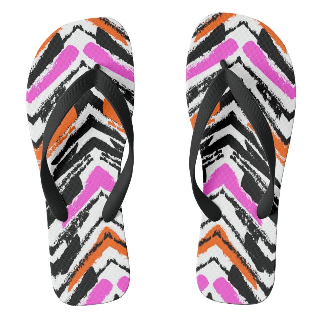 Black, Orange, And Pink Hand Drawn Chevron Pattern Thongs (Footbed)