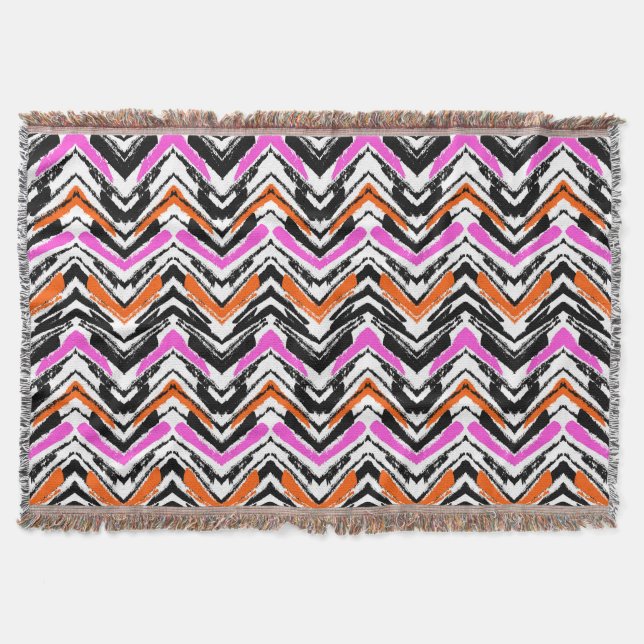 Black, Orange, And Pink Hand Drawn Chevron Pattern Throw Blanket (Front)