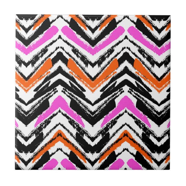 Black, Orange, And Pink Hand Drawn Chevron Pattern Tile (Front)