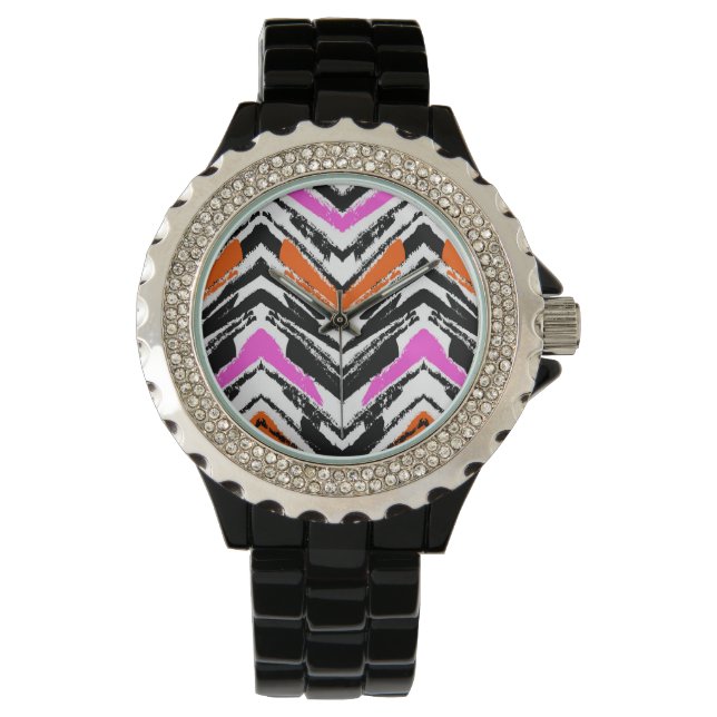 Black, Orange, And Pink Hand Drawn Chevron Pattern Watch (Front)