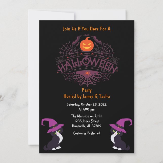 Black Orange and Purple Halloween Party Invitation (Front)