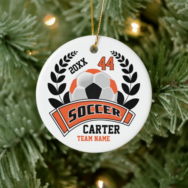 Black, Orange and White Personalise Soccer  ⚽ Ceramic Ornament (Tree)