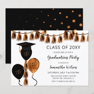 Black Orange Balloons Grad Hat Graduation Party Invitation