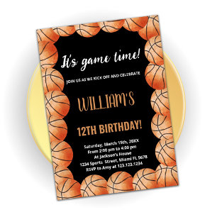 Black Orange Balls Basketball Birthday Invitations