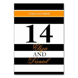 Black orange banded striped wedding table numbers