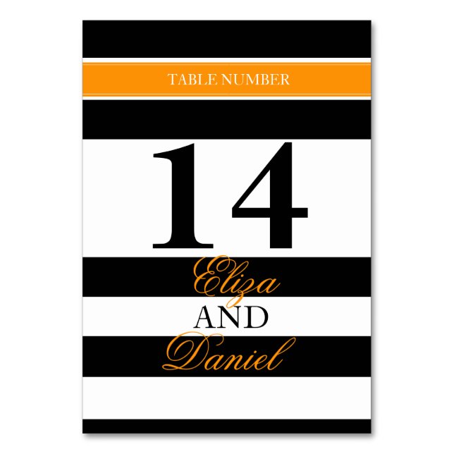 Black orange banded striped wedding table numbers (Back)