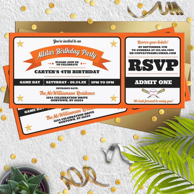 Black & Orange Baseball Allstar Ticket Birthday Invitation (Creator Uploaded)