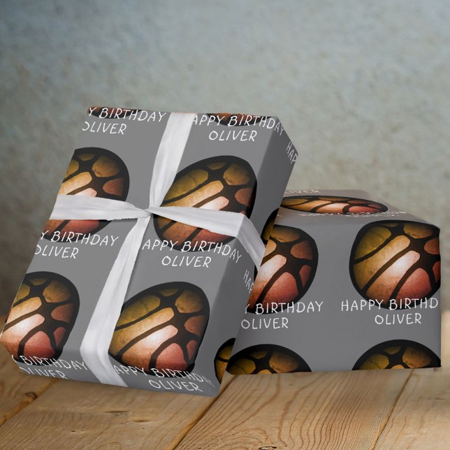 Black Orange Basketball Ball Sports Birthday Wrapping Paper (Creator Uploaded)