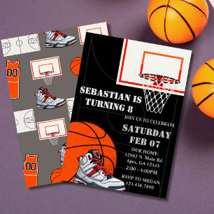 Black Orange Basketball Birthday Invitations