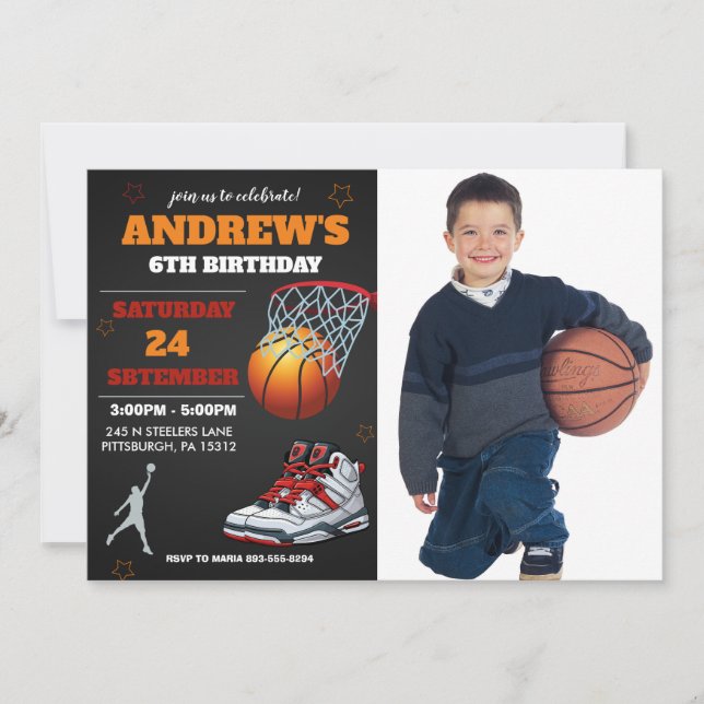 Black Orange Basketball Photo Birthday Invitation (Front)