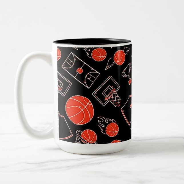 Black & Orange Basketball Theme Two-Tone Coffee Mug (Left)