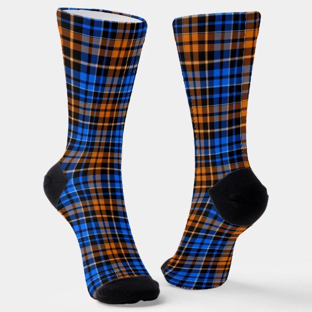 Black Orange Blue Plaid Tartan Design  Socks (Angled)