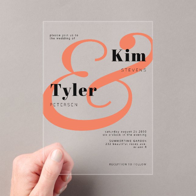 Black orange bold bride and groom names wedding acrylic invitations (Insitu (Handheld))
