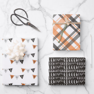 Black Orange Boo Banner Eek Plaid Halloween Wrapping Paper Sheet