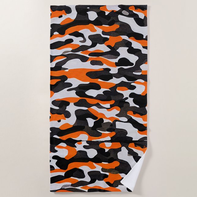 Black Orange camouflage pattern Beach Towel (Front)