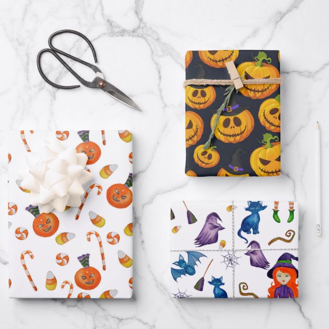 Black Orange Candy Pumpkin Witch Halloween Wrapping Paper Sheet (Front)