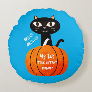 Black Orange Cat Pumpkin Trick or Treat Halloween Round Cushion