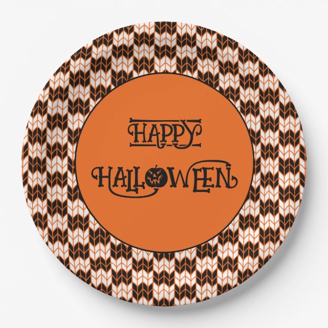 BLACK ORANGE CHECK KNIT 9" Round Paper Plates II (Front)