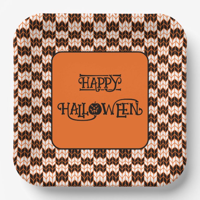 BLACK ORANGE CHECK KNIT 9" Square Paper Plates II (Front)