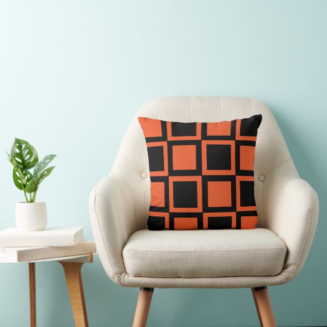 Black Orange Chequered Square  Cushion (Chair)
