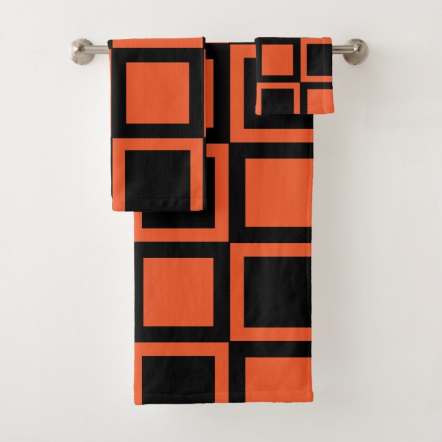 Black Orange Chequered Square Pattern Bath Towel Set (Insitu)