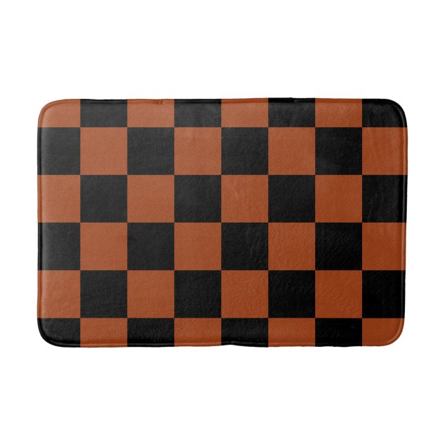 Black & Orange Chequered Squares Buffalo Plaid Bath Mat (Front)