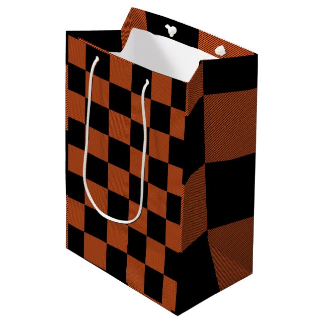 Black & Orange Chequered Squares Buffalo Plaid Medium Gift Bag (Front Angled)