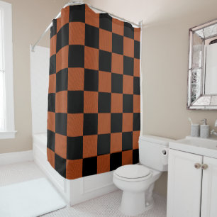 Black & Orange Chequered Squares Buffalo Plaid Shower Curtain