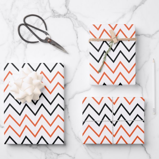 Black Orange Chevron Zigzag Wrapping Paper Sheet (Front)