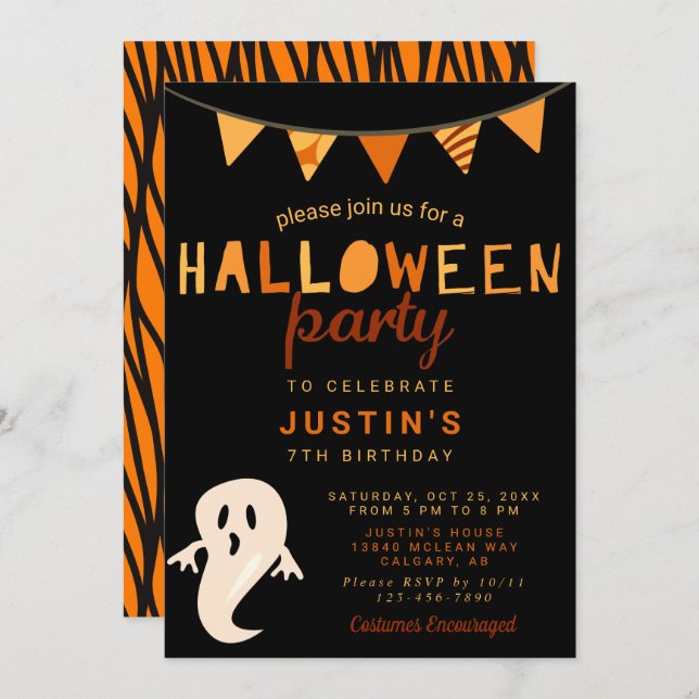 Black Orange Cute Halloween Birthday Party Kids Invitation (Front/Back)