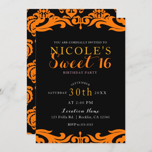 Black & Orange Damask Chic Elegant Sweet 16 Party Invitation (Front/Back)