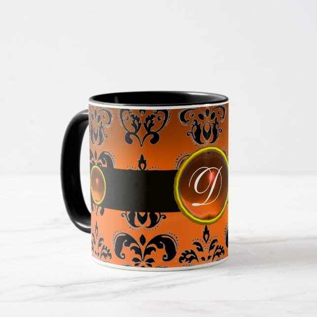 BLACK ORANGE DAMASK GEMSTONE MONOGRAM MUG (Front Left)