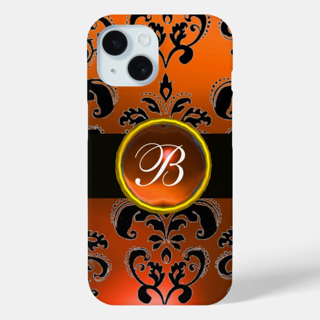 BLACK ORANGE DAMASK MONOGRAM Gemstone Case-Mate iPhone Case (Back)