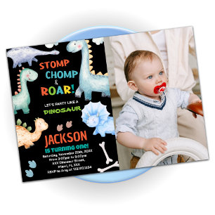 Black Orange Dinosaur Birthday Invitations w photo