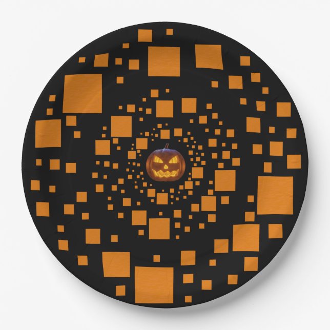 Black orange evil pumpkin float squares Halloween  Paper Plate (Front)