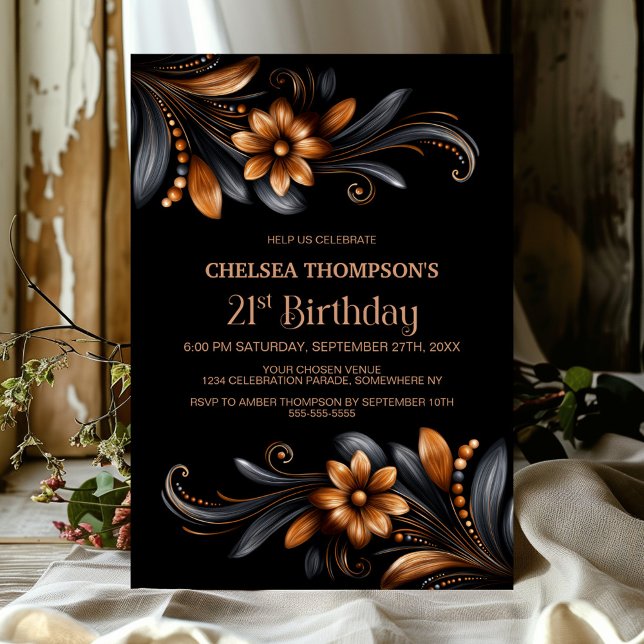 Black Orange Floral 21st Birthday Party Invitation (Creator Uploaded)
