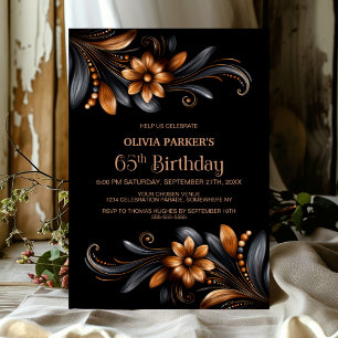Black Orange Floral 65th Birthday Party Invitation