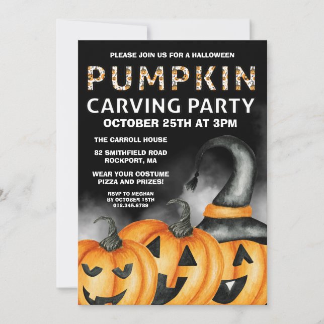 Black Orange Fun Halloween Pumpkin Carving Party Invitation (Front)