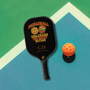 Black orange fun quote retro monogram pickleball paddle