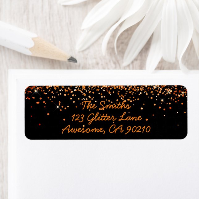 Black Orange Glitter Modern Wedding Return Address Label (Insitu)