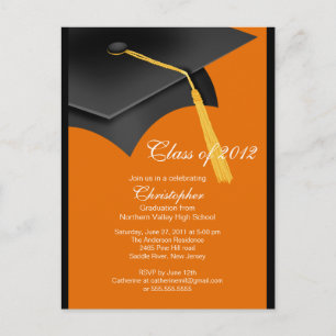 Black Orange Grad Cap Graduation Party Invitation Postcard