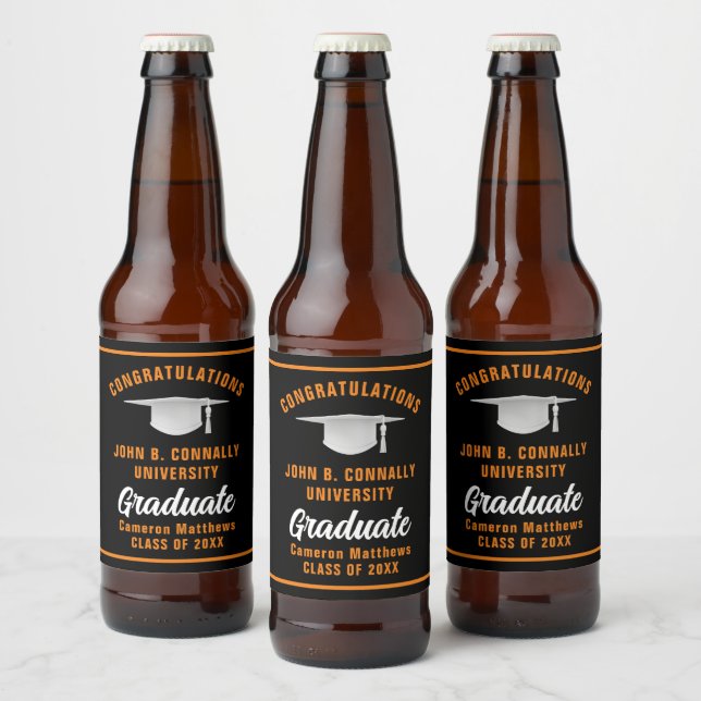 Black Orange Graduate Custom Graduation Party Beer Bottle Label (Bottles)
