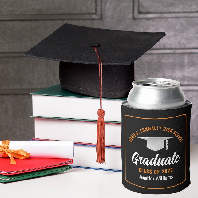 Black Orange Graduate Custom Graduation Party Can Cooler (Creator Uploaded)