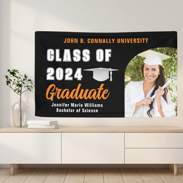 Black Orange Graduate Photo 2025 Graduation Party Banner (Creator Uploaded)