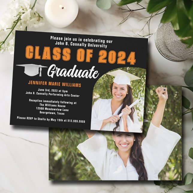 Black Orange Graduate Photo Graduation Party Invitation (Creator Uploaded)