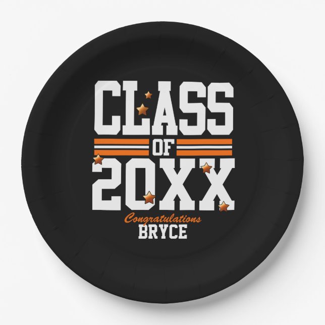 Black|Orange Graduating Class Year Paper Plate (Front)