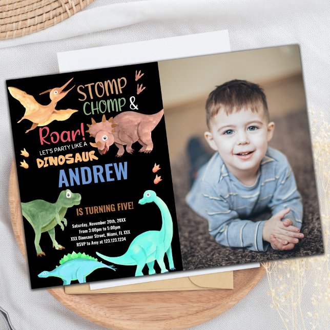 Black Orange Green Photo Dinosaur Birthday Invitation (Black Orange Green Photo Dinosaur Birthday Invitation)
