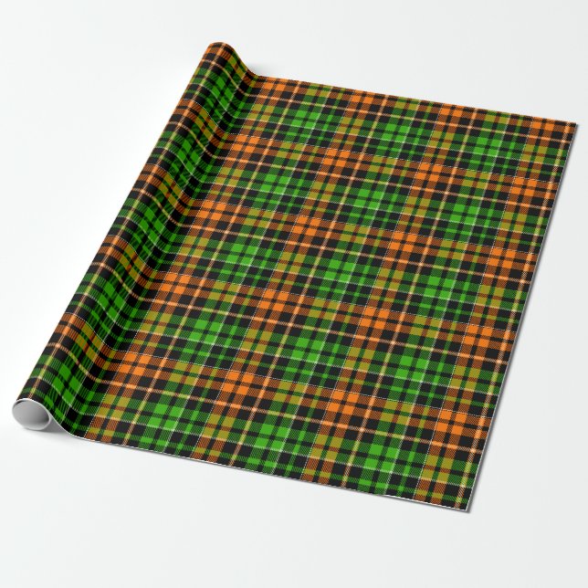 Black Orange Green Plaid Tartan Design  Wrapping Paper (Unrolled)